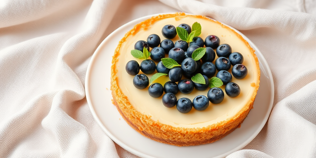 Create an image of a delicious cheesecake with a golden crumb crust topped with fresh blueberries and small green leaves arranged neatly on a white plate placed on a soft textured fabric background.