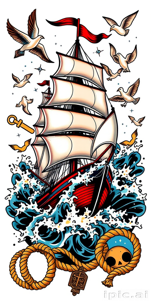 Bold traditional American tattoo style piece called "Sailor's Destiny" showcasing a vibrant full-color sailing ship battling stormy seas surrounded by classic nautical elements such as anchors swallows and rope thick black outlines and saturated primary colors pay homage to vintage tattoo artistry while incorporating modern techniques for enhanced depth and detail