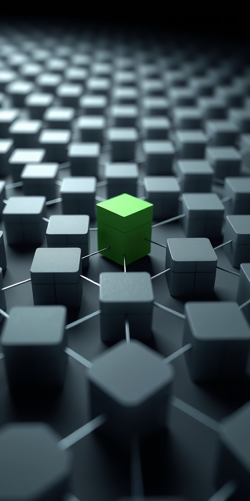 Create a 3D render of a network of gray cubes connected by lines with one green cube standing out in the center, use a Canon EOS 5D Mark IV with a 50mm lens, aperture f/8, ISO 100, focal length 50mm, shot from a low angle perspective to enhance depth and detail.