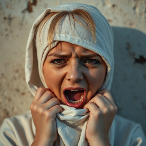 Create a close-up photographic image of a Tajik woman with light skin tones shown against an old, worn wall. Their head is wrapped in a white cloth covering (i.e.... parts of the head except the nose and mouth, which are open as if they are screaming...), with a slight texture and visible folds in the fabric. Thin strands of blonde hair escape from the wrapping above, falling lightly at the top and sides. Their hands hold the fabric as if they are tugging nervously. The lighting is dramatic and even, casting strong shadows. The image has a minimalist and surreal style with an emphasis on simplicity with soft color tones. The composition is centered.
