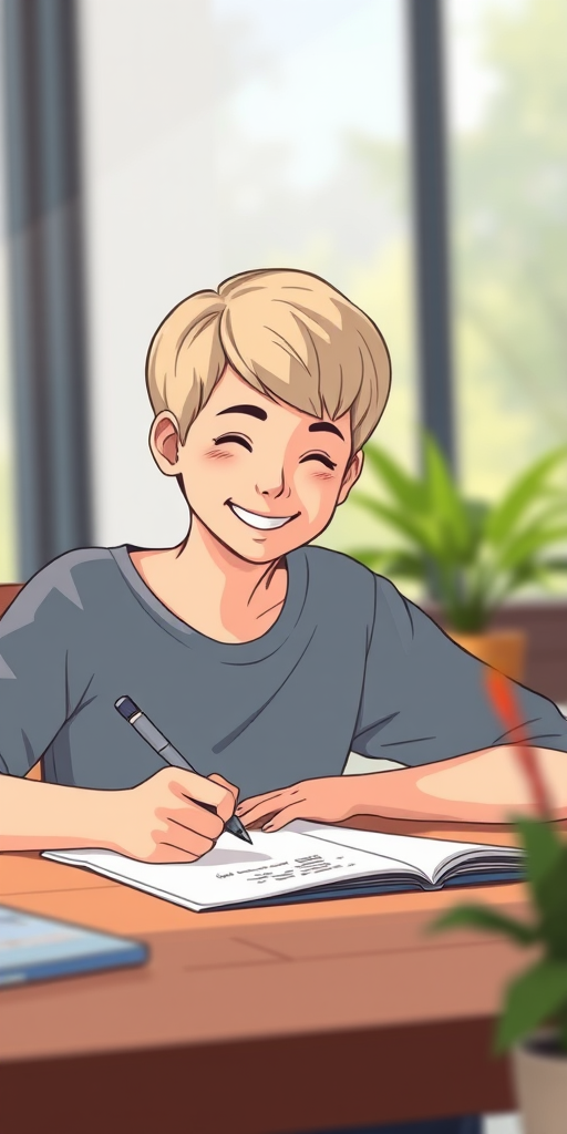 Create a digital illustration of a smiling person with short hair writing on paper at a table, using a 50mm lens, f/2.8 aperture, ISO 100, natural light, and a shallow depth of field for a clean background.