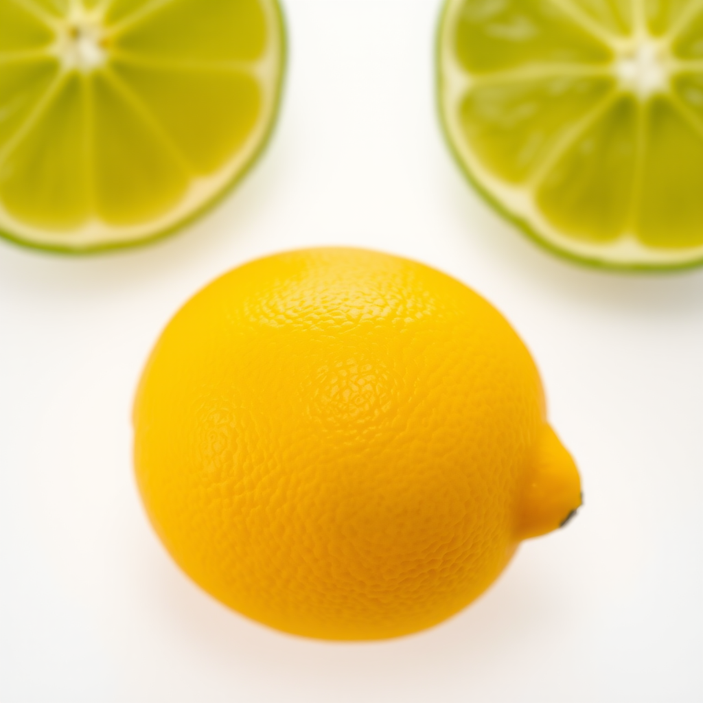 Create a high-resolution image of a bright yellow lemon surrounded by two green lime halves on a white background, captured with a Canon EOS R5 at f/2.8, ISO 100, 1/200s, with a shallow depth of field for a soft background blur.