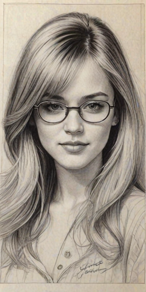 Sublime Hannah Montana, pencil sketch, portrait of Attractive woman 1970s in glasses, hair style beatnik, outline, clear lines, fine lines, 8k