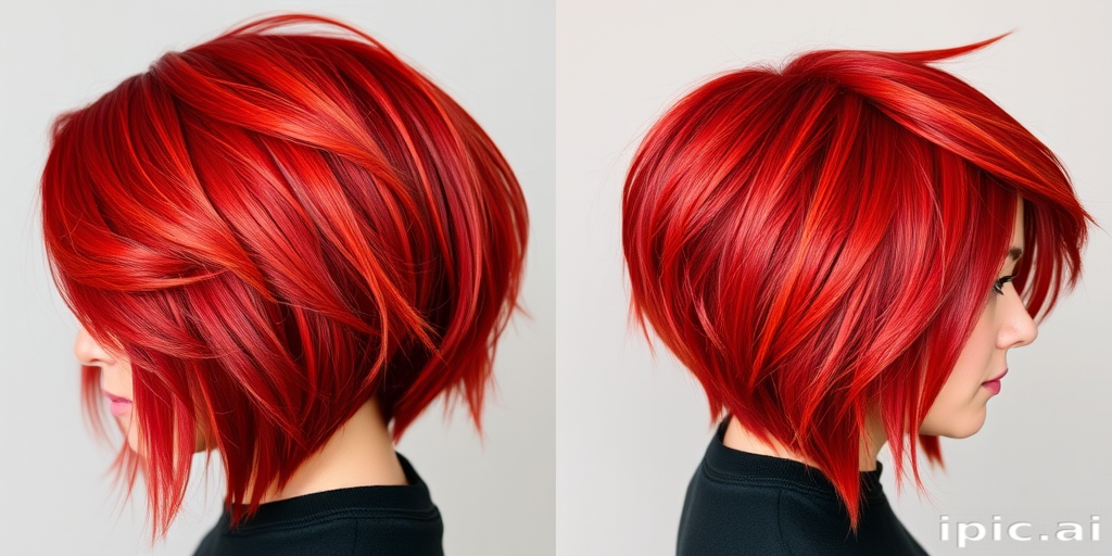 Fiery red bob with asymmetrical layers and razor-sharp edges, featuring subtle orange highlights that create a mesmerizing flame-like effect in the bold "Phoenix Rising" cut