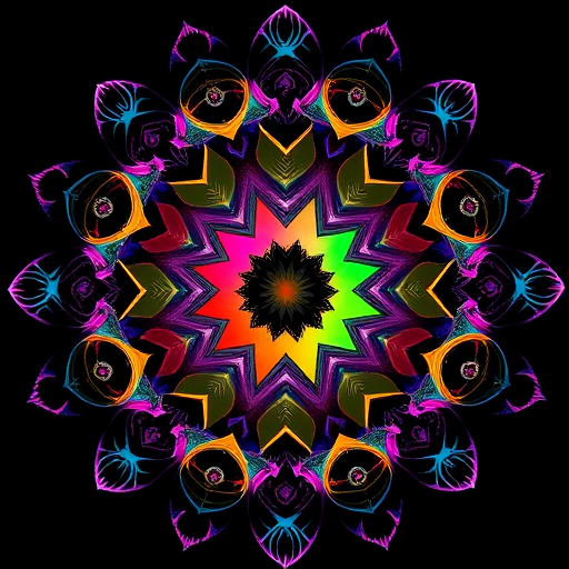 Generate a high-resolution fractal pattern featuring vibrant colors and intricate details within circular shapes on a black background, using a DSLR camera with a 50mm lens, aperture set to f/8, ISO 100, and a shutter speed of 1/60s, in macro photography style.