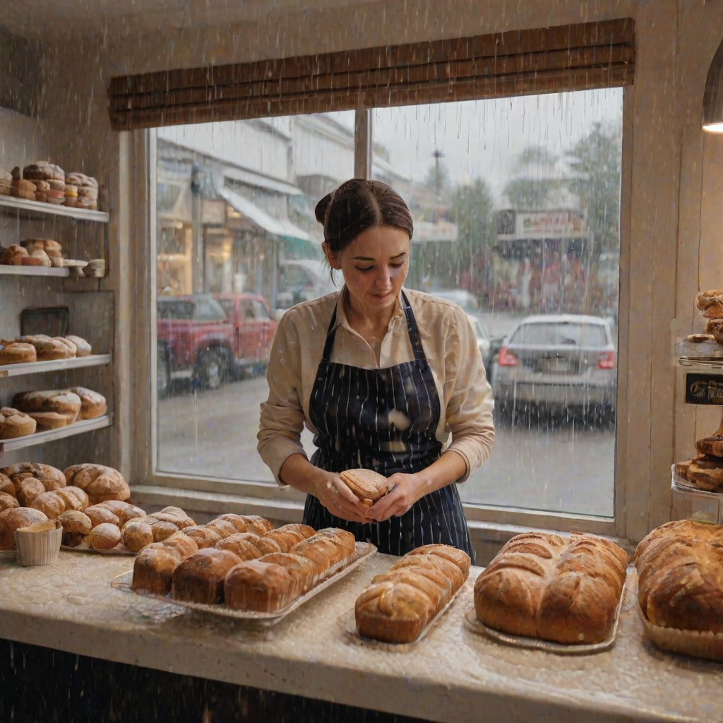 Cozy bakery on a rainy day, the smell of freshly baked bread filling the air, a woman in an apron stands behind the counter, carefully frosting a cake as the rain patters against the window.