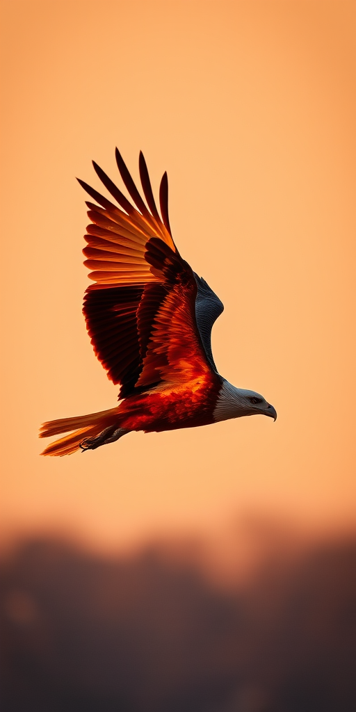 Regenerate an image of an eagle in flight with a vibrant orange silhouette against a contrasting background, shot with a Canon EOS R5, 85mm lens, f/2.8 aperture, ISO 100, at sunset with a shallow depth of field.