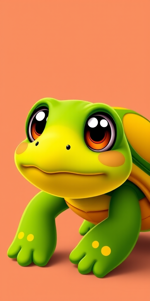 create a cartoon-style image of a cute green turtle with big eyes and yellow spots, using a Canon EOS 90D with a 50mm f/1.8 lens, aperture f/2.8, ISO 200, and a vibrant color palette, focus on the turtle's whimsical features and a simple, solid background.