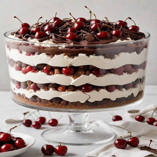 Create an image of a layered dessert in a glass trifle dish. The dessert should have alternating layers of chocolate mousse, whipped cream, and cherry filling. Top it with a generous amount of whipped cream and fresh cherries. Surround the dish with scattered chocolate shavings and fresh cherries on a light background.