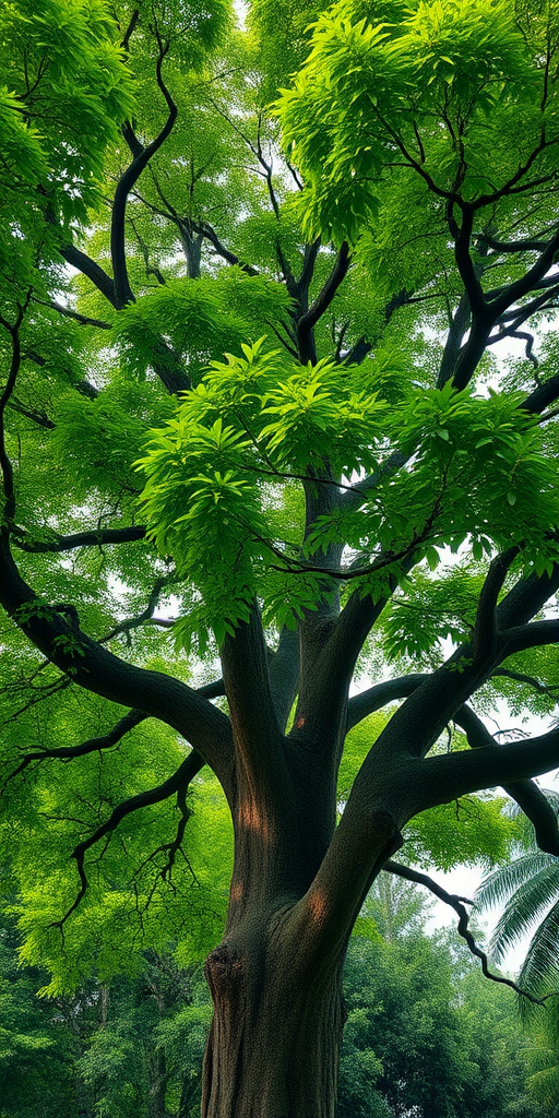 Create a realistic 3D rendering of a lush green tree with a thick trunk and dense foliage, using a Canon EOS 5D Mark IV camera, set to f/4 aperture, ISO 100, a shutter speed of 1/125 sec, in a wide-angle view, with a high dynamic range to enhance the image quality.
