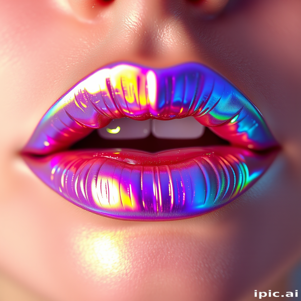Ethereal holographic lips reflecting iridescent hues, shifting colors as light moves across them, creating a magical and otherworldly effect