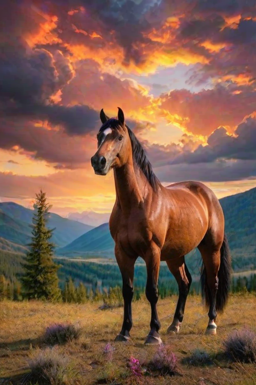a majestic horse standing in a vibrant, mystical landscape with dramatic clouds and a colorful sunset illuminating the mountains and trees in the background