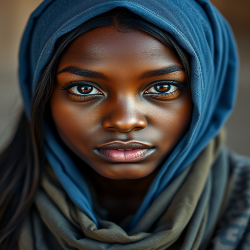 Create a portrait of a young Mulatto woman with long, dark hair and captivating hazel eyes. She is wearing a blue headscarf and a matching scarf draped gracefully around her neck. The background is softly blurred, focusing attention on her serene and natural expression. The overall color palette is muted and warm, enhancing the intimate and authentic feel of the portrait.