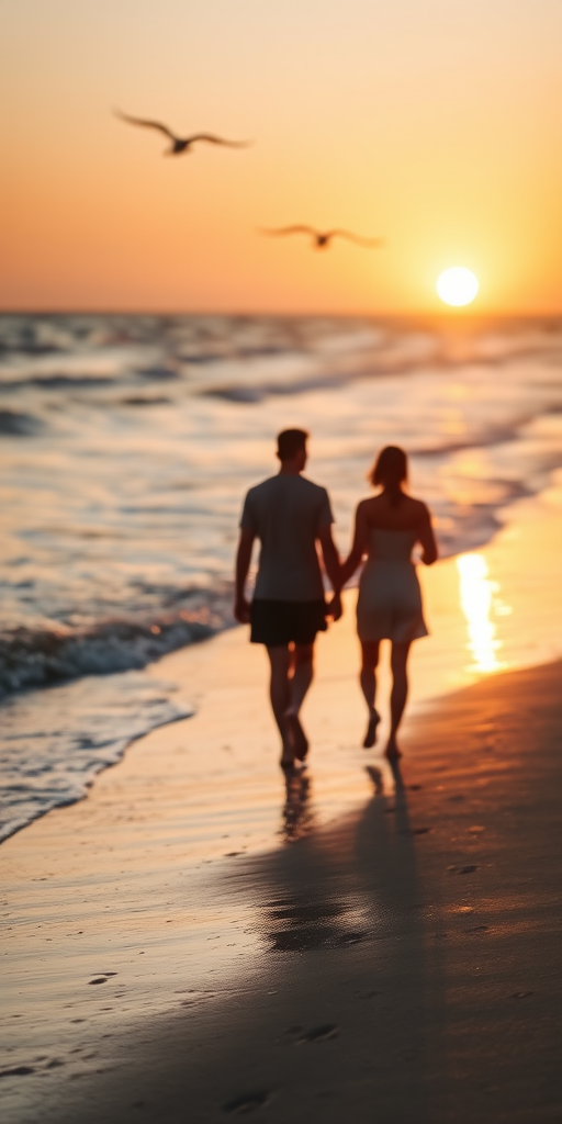 Blurry, candid shot of a couple walking along a beach at sunset, hand in hand, soft waves gently crashing on the shore, distant seagulls flying overhead, the golden light of the setting sun reflecting off the water, footprints trailing behind them in the wet sand.