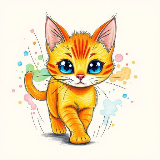 A vibrant childs coloured pencil drawn illustration of a bright orange cat with large, expressive blue eyes, a very cute style. The cat appears to be walking towards the viewer, surrounded by an abstract splash of colors and fine black lines, giving the image a dynamic and artistic flair. The background is a soft beige, highlighting the cat's vivid coloration and playful demeanor. Naively drawn scratchy line style.