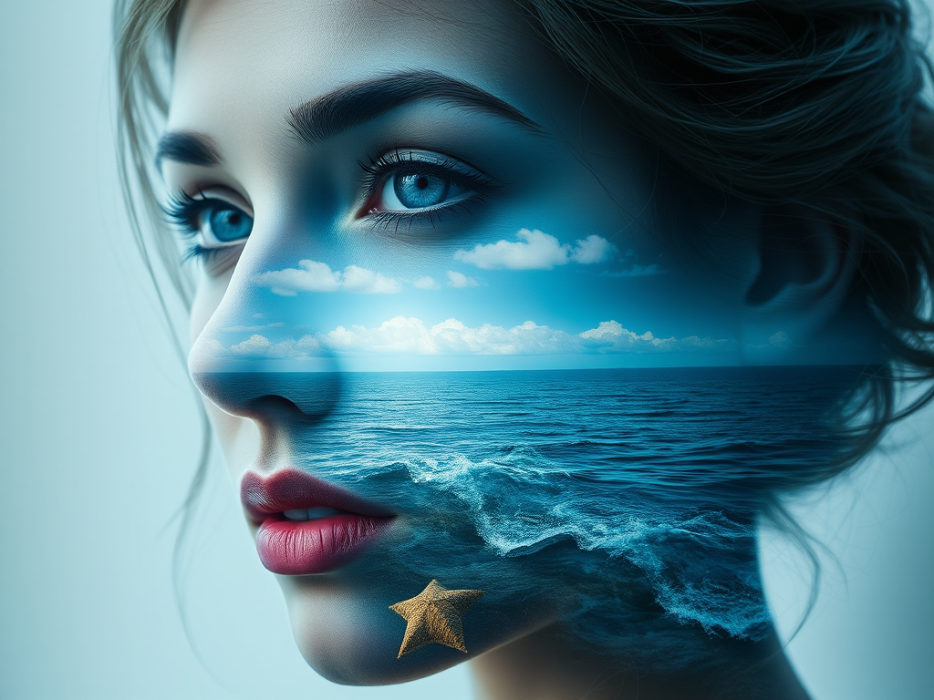 design Book cover, A surreal double exposure portrait that blends a woman's face with a beautiful seascape. The overall mood is dreamy and mystical, with rich colors and intricate details