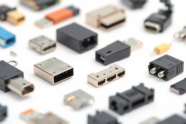 macro shot of various electronic connectors arranged on a white background, f/2.8 aperture, ISO 100, 50mm lens, natural light, DSLR camera, high-resolution detail