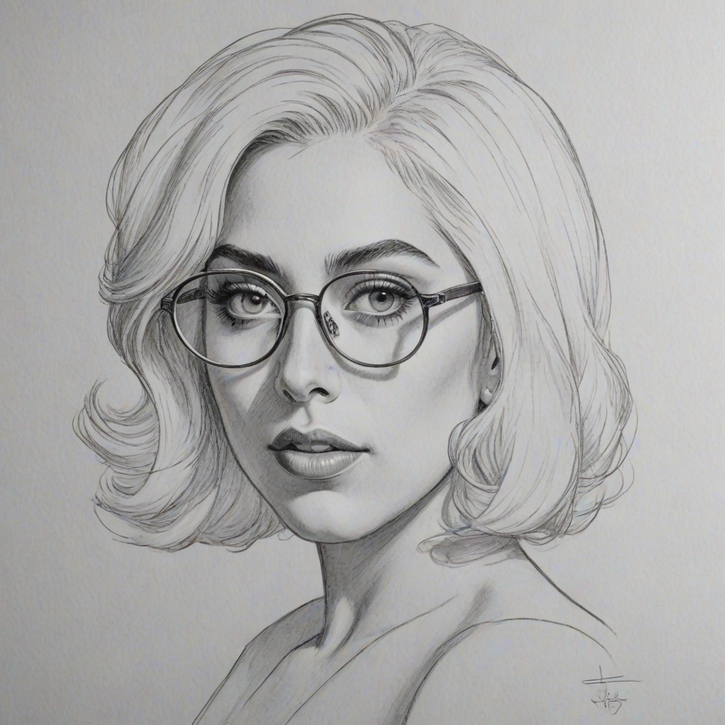 Graceful Lady Gaga, pencil sketch, portrait of Attractive woman 1955s in glasses, hair style beatnik, outline, clear lines, fine lines, 8k