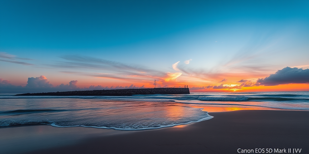 capture a serene beach sunset with gentle waves lapping at the shore, rocky jetty in the background, vibrant clouds reflecting warm hues, shot with a Canon EOS 5D Mark IV, 24mm lens, f/8 aperture, ISO 200, 1/250 sec shutter speed, in natural light for enhanced clarity and detail