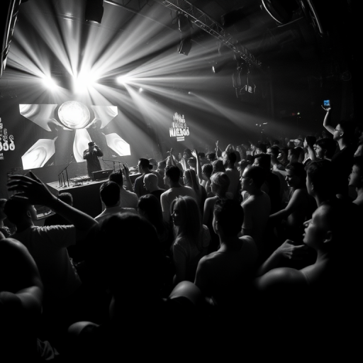 Regenerate a vibrant nightclub scene with a DJ on stage and a lively crowd, using a Canon EOS R5, 24mm lens at f/1.8, ISO 1600, shutter speed 1/100s, high contrast black and white, dynamic angle from the dance floor, capturing motion and energy.