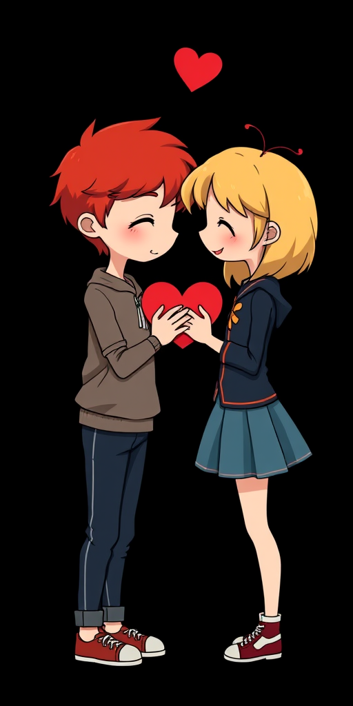 Create an illustration of two cartoon characters exchanging hearts, with one character having red hair and the other blonde, set against a solid black background, using a soft focus lens, f/2.8 aperture, 50mm focal length, and a high-resolution digital camera for optimal image quality.