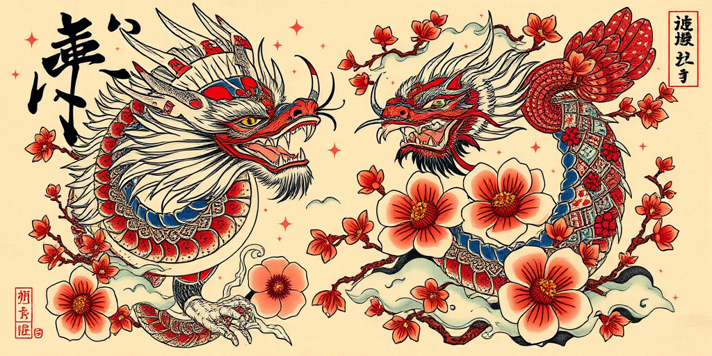 Traditional Japanese-style tattoo called "Irezumi Legacy" featuring bold outlines and vibrant colors depicting mythical creatures and cherry blossoms with intricate details and cultural symbolism