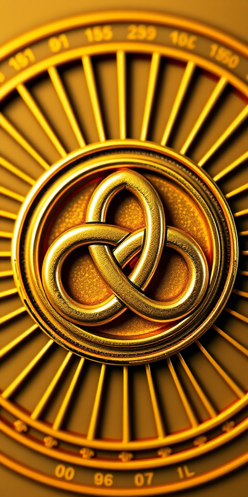 Create a high-resolution, vibrant design of a golden three-part trinity knot enclosed in a circular pattern with radiating lines in the background, shot with a DSLR camera at f/8, ISO 100, 1/60 sec, using a macro lens to focus on intricate details and enhance clarity.