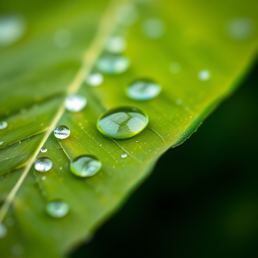 macro shot of a green leaf with water droplets, shallow depth of field, f/2.8, 100mm lens, ISO 200, natural light, Canon 5D Mark IV