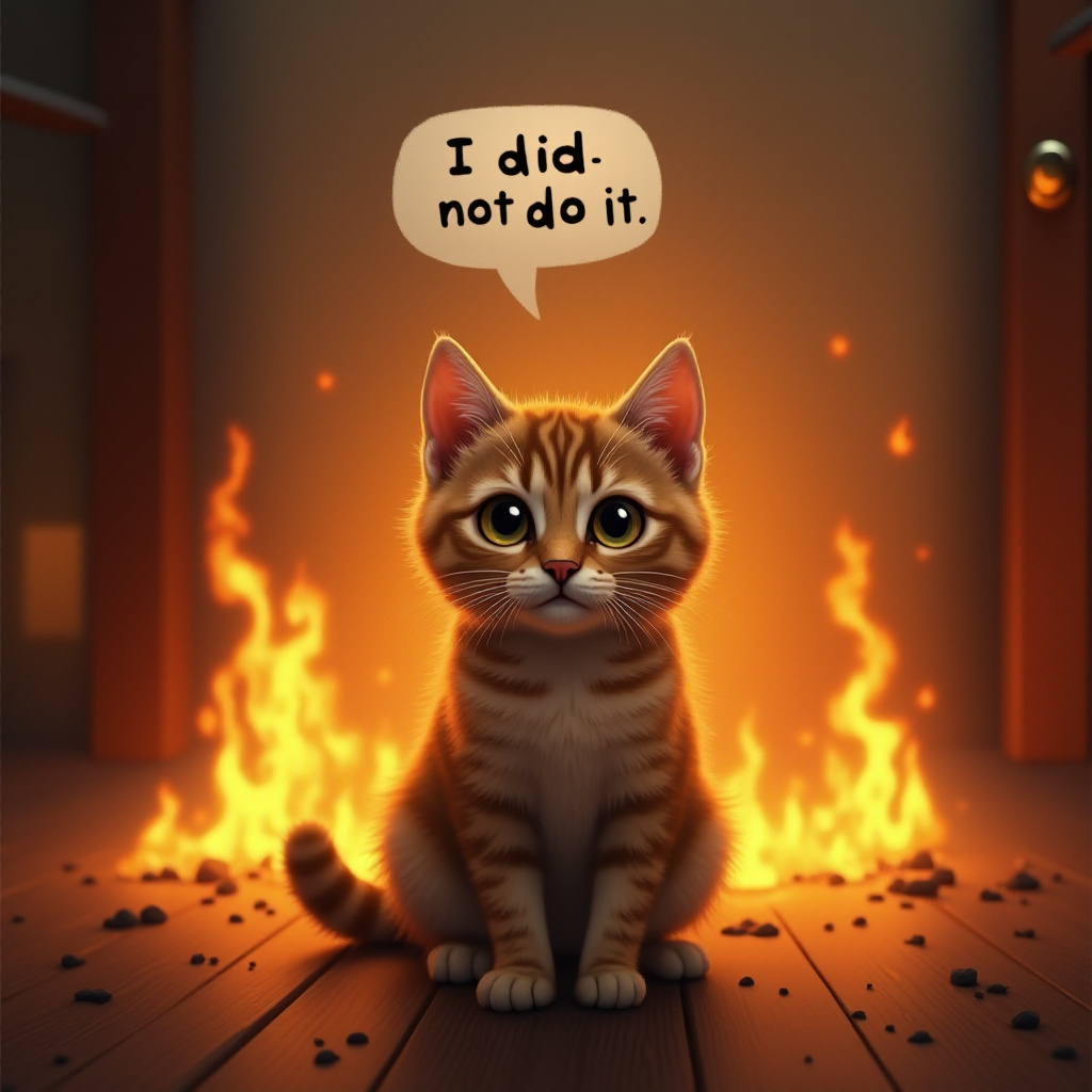 Photorealistic image of an innocent-looking cat sitting calmly in the middle of a burning room. Flames engulf the room, with fire licking up the walls and smoke filling the air. The cat is sitting on the floor, looking directly at the viewer with wide, innocent eyes. Above the cat, a speech bubble says "I did not do it". The contrast between the cat's calm demeanor and the chaos around it creates a humorous and surreal scene.