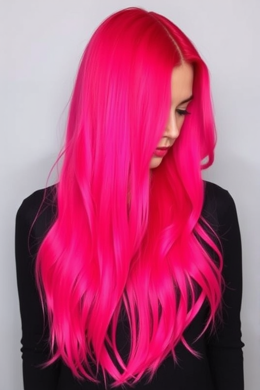 Vibrant magenta locks styled in the "Fuchsia Flame" fashion cascade down in sleek, straight strands with neon pink underlights peeking through for added dimension