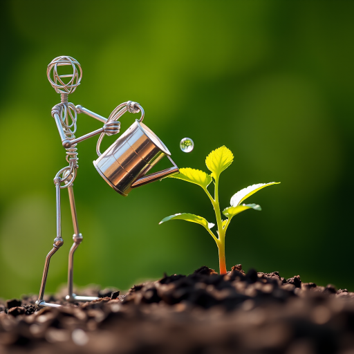 A metal figurine of a person, constructed from thin, silver rods, stands on the left side of the image, facing the viewer. The figurine is holding a small watering can and pouring water onto a young plant, with a few droplets in the air. The plant, with lush green leaves, is situated in the center, growing from dark soil. The background is a soft, out-of-focus blur of green, illuminated by warm, natural light.  The composition creates a sense of depth and intimacy. The image evokes feelings of growth, nurture, and hope.