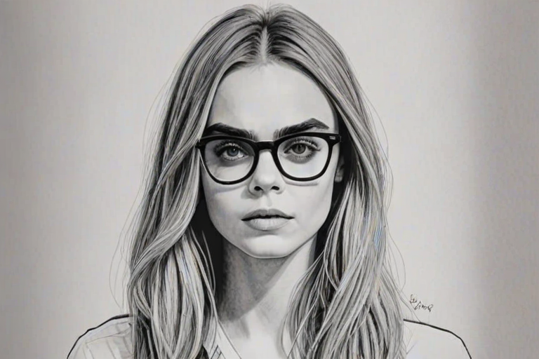 Comely Cara Delevingne, pencil sketch, portrait of Graceful woman 1974s in glasses, hair style beatnik, outline, clear lines, fine lines, 8k