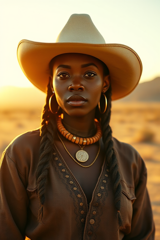 Dramatic photo of a beautiful Yoruba woman, classic cowboy attire, confident and free spirit expression, half-length portrait, centered, golden hour desert landscape, warm, diffused light, low angle, medium format film camera, in style of Annie Leibovitz.