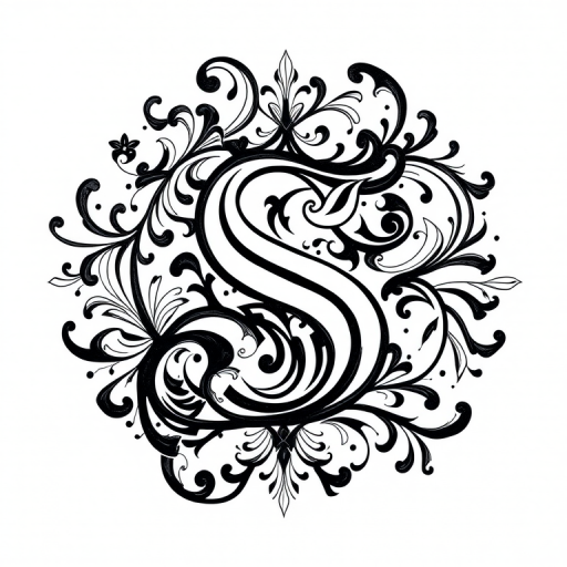 Create an intricate black and white design featuring a stylized letter S surrounded by flowing ornate patterns and abstract shapes, captured with a Canon EOS R5, 50mm lens, f/1.8 aperture, ISO 100, natural lighting.