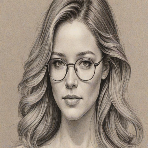 Ravishing Sarah Roemer, pencil sketch, portrait of Enchanting woman 1970s in glasses, hair style beatnik, outline, clear lines, fine lines, 8k