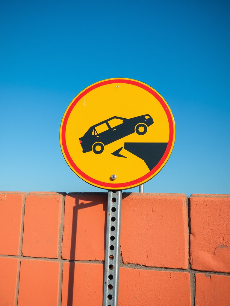 Create an image of a warning sign depicting a car about to fall off a ledge into water, using a DSLR camera with a focus of f/8, ISO 100, and a wide-angle lens to capture details, in high resolution, with a clear blue sky background.