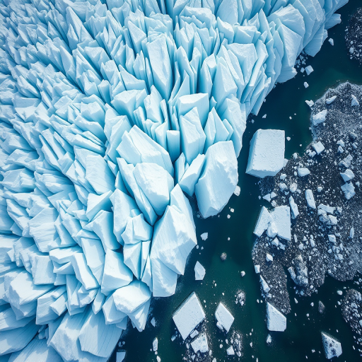 high-resolution aerial view of a glacier with intricate ice formations, sharp focus, natural lighting, ISO 100, f/8 aperture, 1/200s shutter speed, drone photography, wide-angle lens