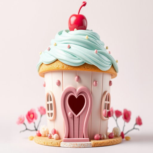 Create an illustration of a whimsical cupcake house with a cherry on top, featuring pastel colors and a heart-shaped window, vibrant and detailed, shot with a DSLR camera at f/2.8, ISO 100, 50mm lens, high dynamic range, eye-level perspective, and bright studio lighting.