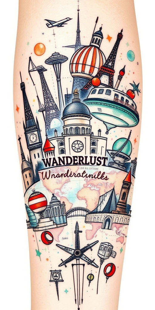 Sketch-style tattoo named "Wanderlust Chronicles" showcasing a travel-themed collage of landmarks, maps, and cultural symbols from around the world, rendered in a loose, hand-drawn style with splashes of watercolor for added depth and vibrancy