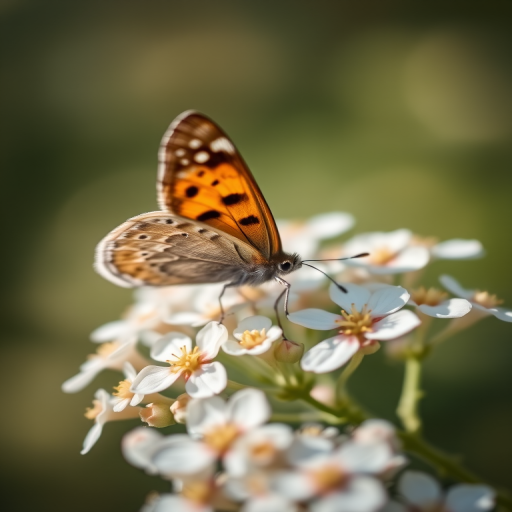 Close-up of a butterfly resting on white flowers, using a macro lens, with a shallow depth of field, soft natural lighting, f/2.8, ISO 100, shutter speed 1/200 sec, DSLR camera, focus on the butterfly with blurred background.