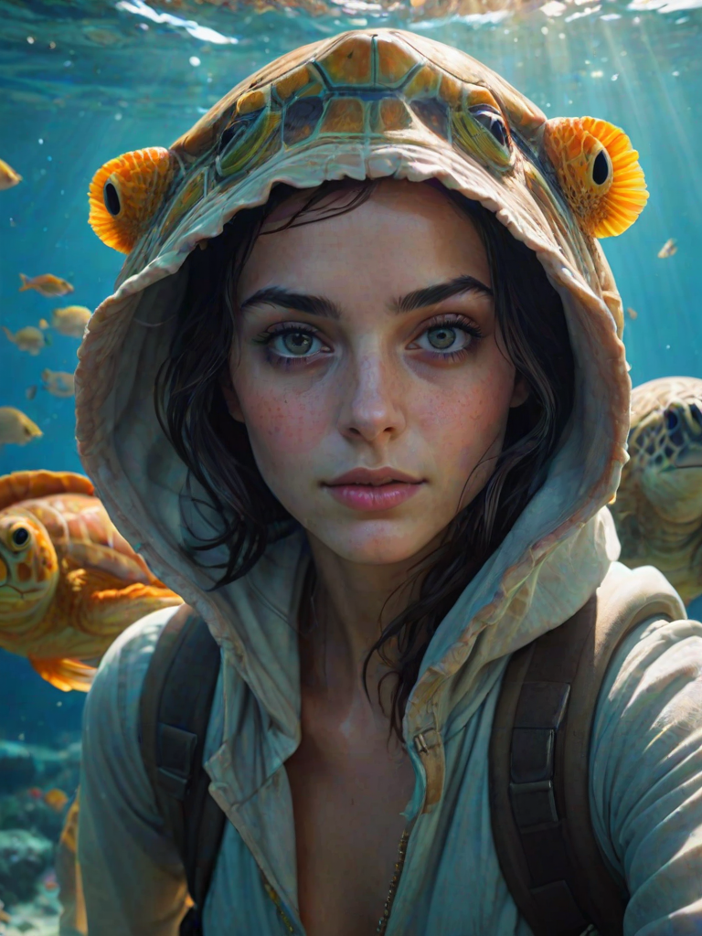 Realistic selfie image of a Mizrahi, wearing a vintage outfit, detailed dreamy eyes, droopy hooded eyes, staring at the camera, taken underwater at coral reef with a sunbeam filtering through the water, vibrant, summer vacation, natural lighting, turtle and school of tropical fish with vibrant colors, rendered in the style of CryEngine, Pegi Nicol MacLeod, with realistic genre scenes, hauntingly beautiful narratives, ultra-realism, and Thomas Saliot's close-up technique, 8K resolution, crystal clear and sparkling water.