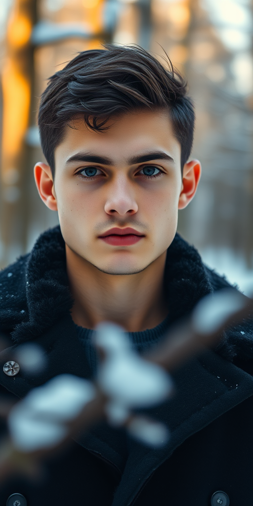 portrait of a young man with short dark hair in a snowy forest, wearing a black coat with fur collar, soft natural light, shallow depth of field, 50mm lens, f/1.8, ISO 200, 1/200s, cinematic style