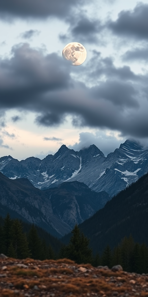 Create a high-resolution image of a dramatic mountain landscape under a moody sky with a large moon, using a DSLR camera with a 24mm lens, f/8 aperture, 1/125 sec shutter speed, ISO 100, taken from a low angle in soft natural light to emphasize depth.