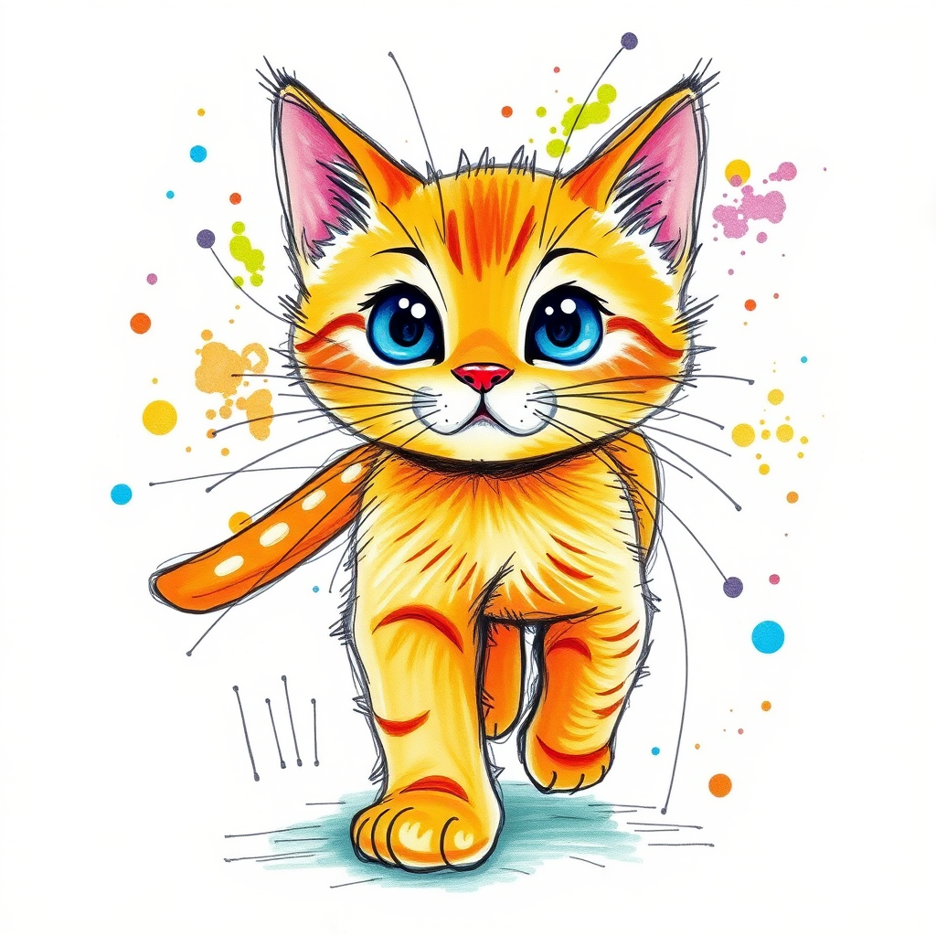 A vibrant childs coloured pencil drawn illustration of a bright orange cat with large, expressive blue eyes, a very cute style. The cat appears to be walking towards the viewer, surrounded by an abstract splash of colors and fine black lines, giving the image a dynamic and artistic flair. The background is a soft beige, highlighting the cat's vivid coloration and playful demeanor. Naively drawn scratchy line style.