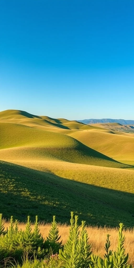 Create a high-resolution image of a serene landscape with rolling hills and a clear blue sky, taken with a Canon EOS R5, 24mm f/1.4 lens, at ISO 100, f/8, 1/250s, in landscape orientation, using natural lighting for vibrant colors and detail.