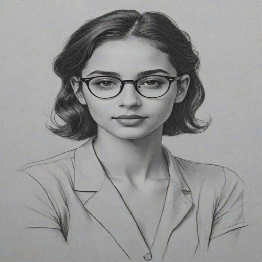 Captivating Naomi Scott, pencil sketch, portrait of Captivating woman 1938s in glasses, hair style beatnik, outline, clear lines, fine lines, 8k