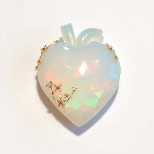 a human heart made of facet cut opal crystal, decorated with small crystal flowers, pastel colors, fine subtle gold details, white background, small drop shadow, beautiful light incidence, prism.