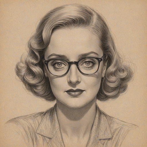Enchanting Bette Davis, pencil sketch, portrait of Delightful woman 1935s in glasses, hair style beatnik, outline, clear lines, fine lines, 8k