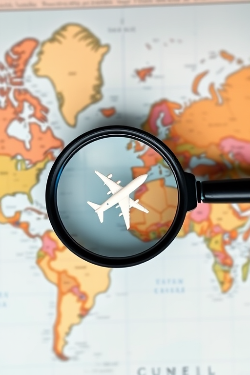 Create an image of a world map featuring magnifying glass and a toy airplane on top, shot from a top-down view using a DSLR camera with an aperture of f/2.8, ISO 100, and a 50mm lens for sharp focus and detailed texture.