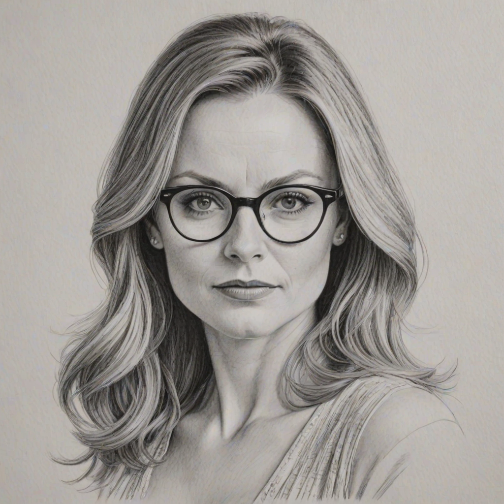 Splendid Geri Halliwell, pencil sketch, portrait of Dazzling woman 1941s in glasses, hair style beatnik, outline, clear lines, fine lines, 8k